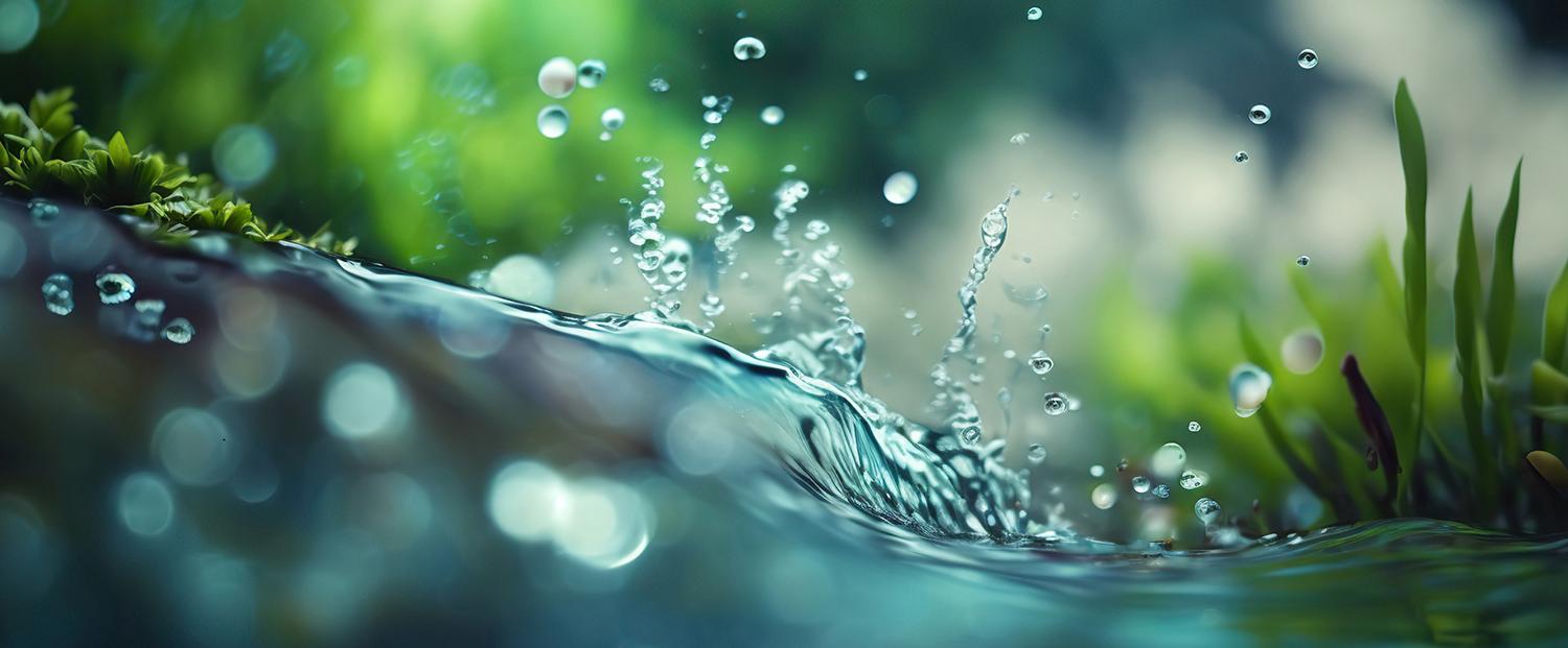 Side on view of water moving in a wave motion, with greenery in the water